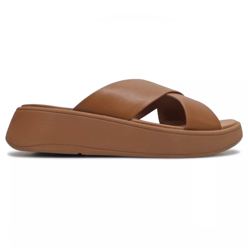 FitFlop Womens Sandals F Mode Flatform Cross Slip-On Slides Leather‎ LIGHT TAN